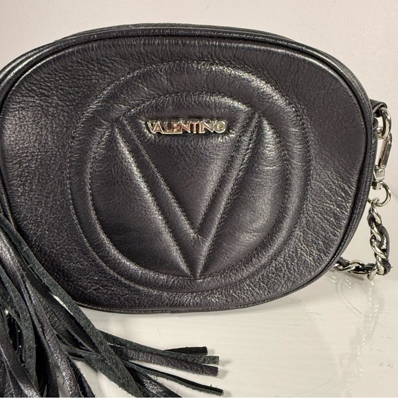 Valentino By Mario Black Leather Crossbody Mini Purse Tassel Silver Link Chain